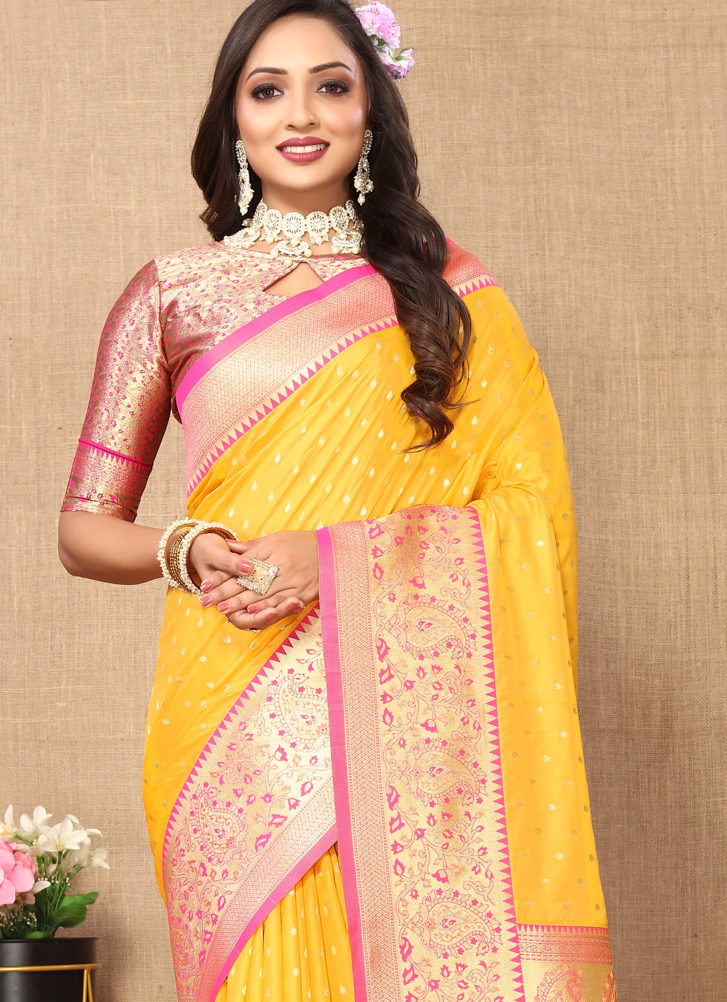 Mustard Soft Silk Zari Motifs Saree With Brocade Blouse Piece