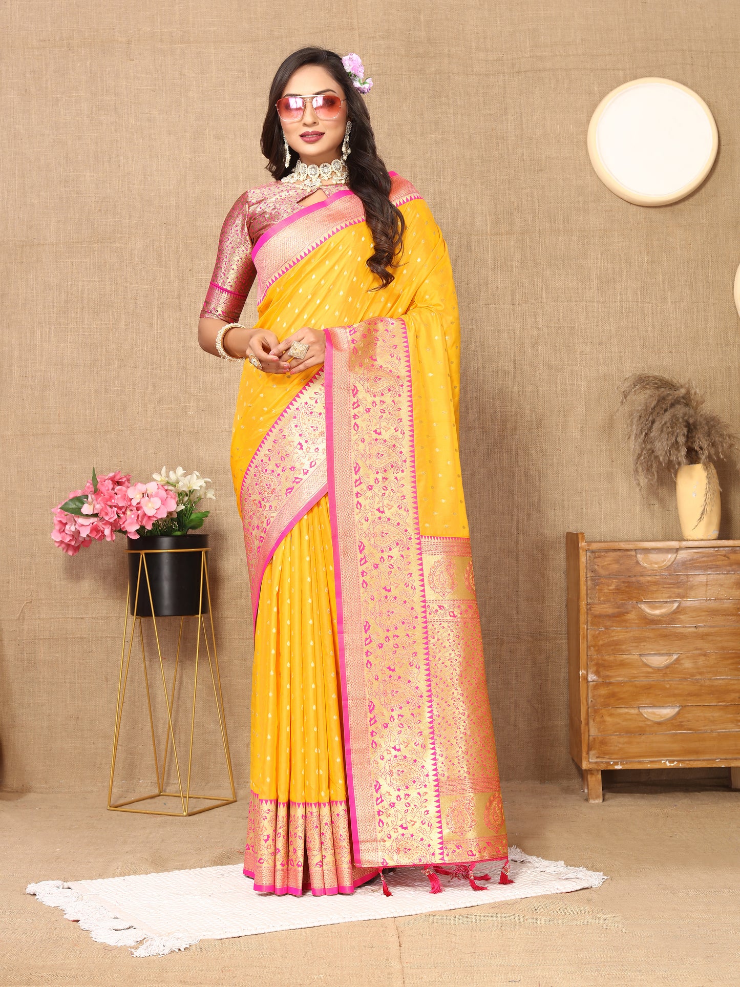 Mustard Soft Silk Zari Motifs Saree With Brocade Blouse Piece