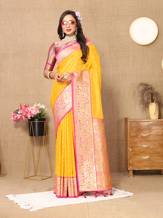 Mustard Soft Silk Zari Motifs Saree With Brocade Blouse Piece