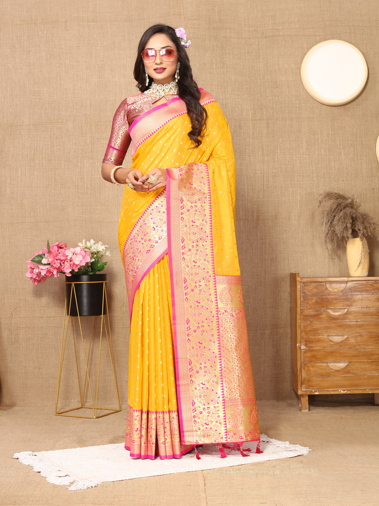 Mustard Soft Silk Zari Motifs Saree With Brocade Blouse Piece