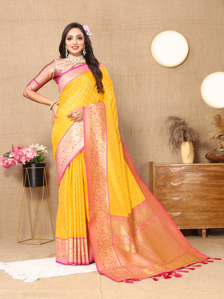 Mustard Soft Silk Zari Motifs Saree With Brocade Blouse Piece