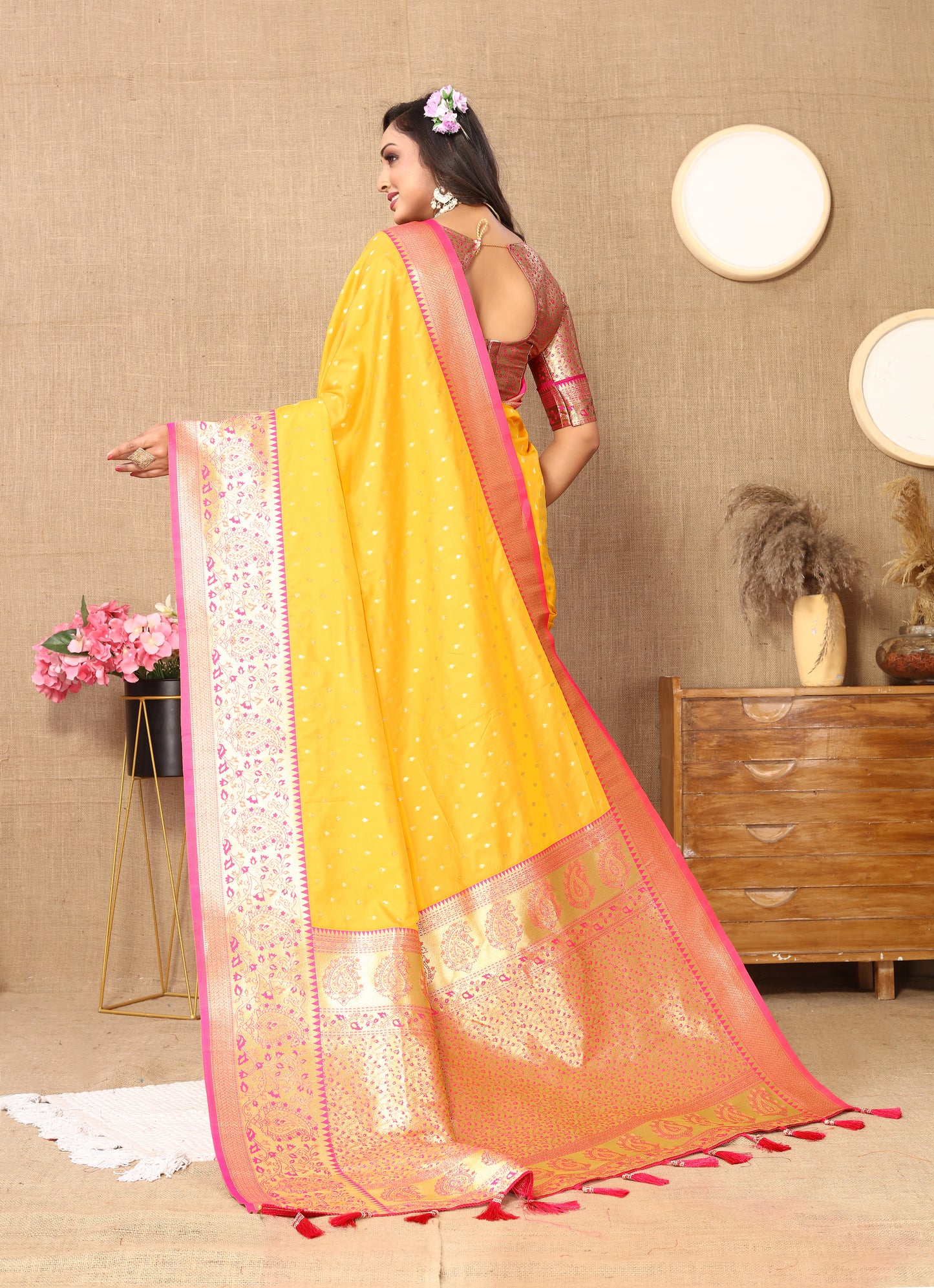 Mustard Soft Silk Zari Motifs Saree With Brocade Blouse Piece