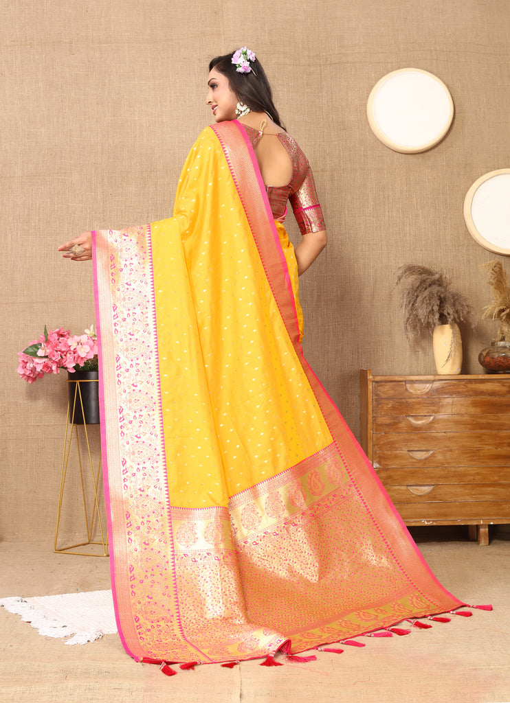 Mustard Soft Silk Zari Motifs Saree With Brocade Blouse Piece