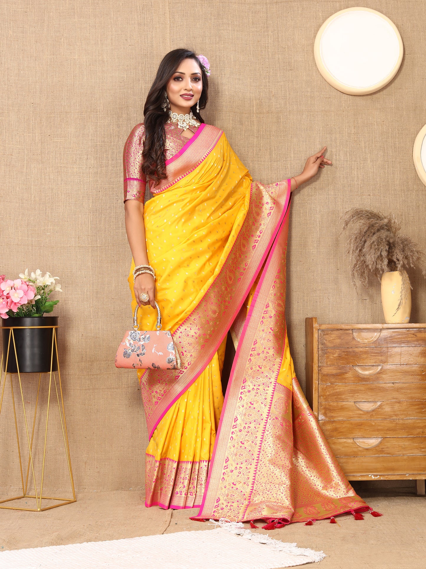 Mustard Soft Silk Zari Motifs Saree With Brocade Blouse Piece