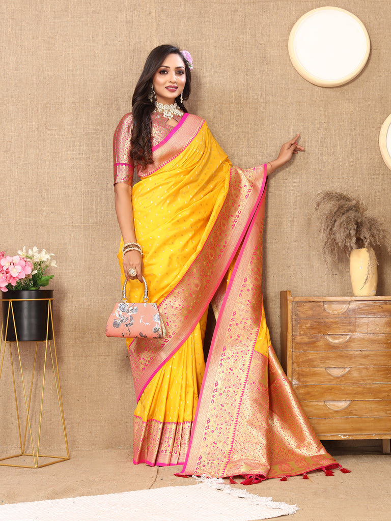 Mustard Soft Silk Zari Motifs Saree With Brocade Blouse Piece