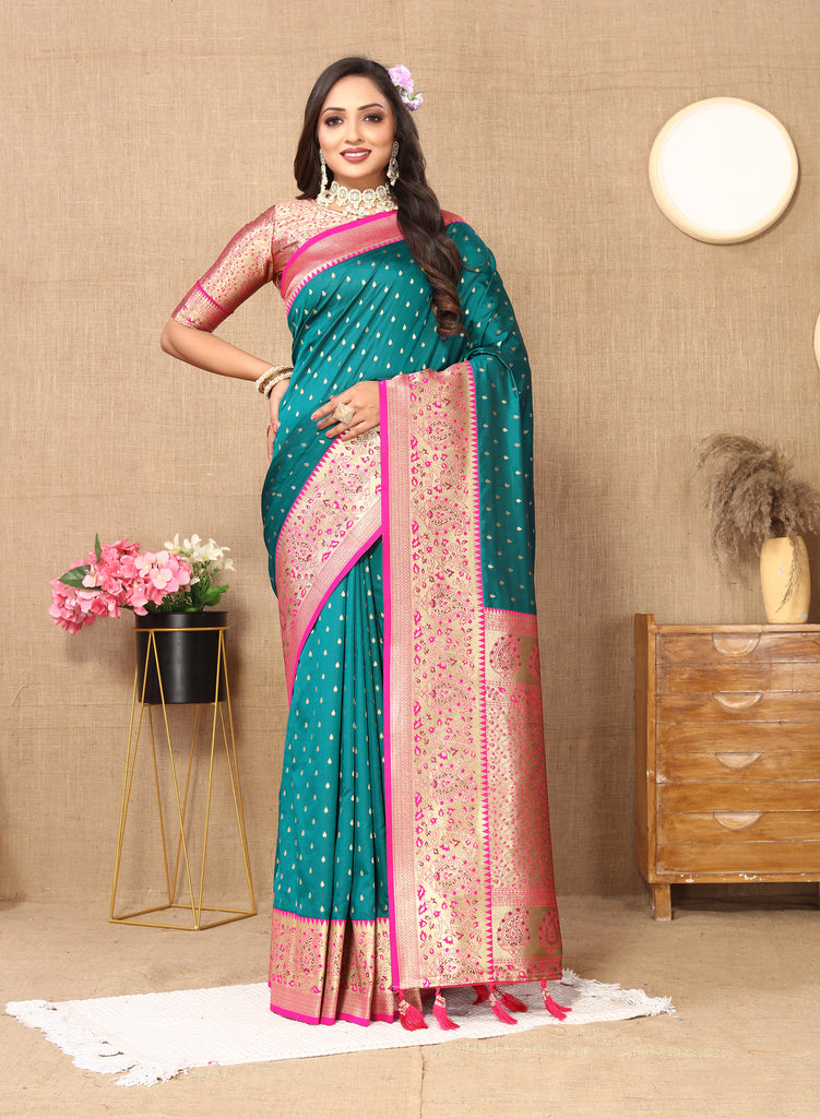 Rama Soft Silk Zari Motifs Saree With Brocade Blouse Piece