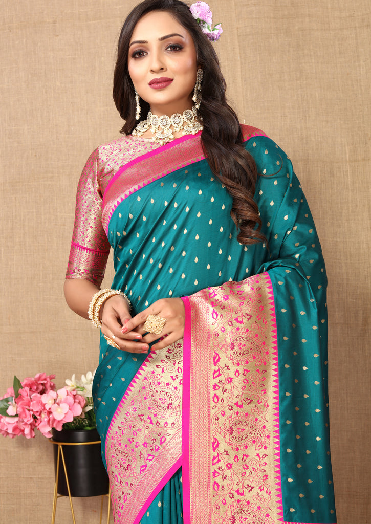 Rama Soft Silk Zari Motifs Saree With Brocade Blouse Piece