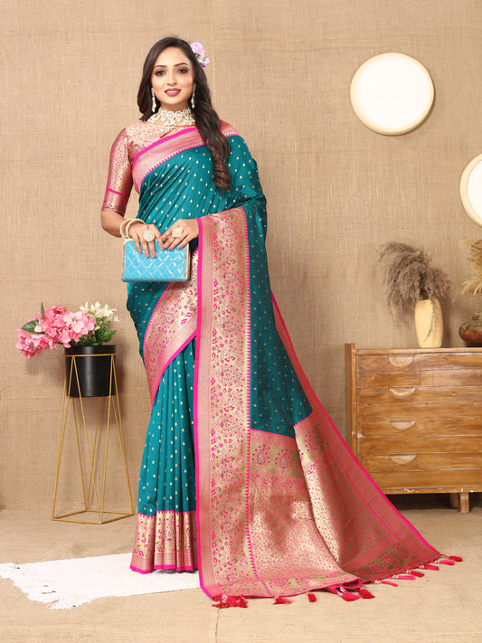 Rama Soft Silk Zari Motifs Saree With Brocade Blouse Piece