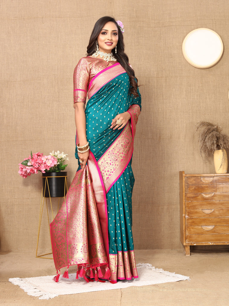 Rama Soft Silk Zari Motifs Saree With Brocade Blouse Piece