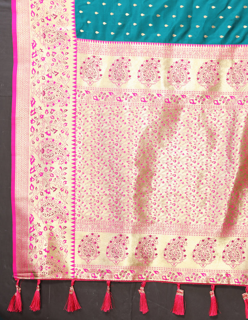 Rama Soft Silk Zari Motifs Saree With Brocade Blouse Piece