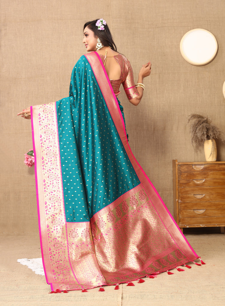 Rama Soft Silk Zari Motifs Saree With Brocade Blouse Piece