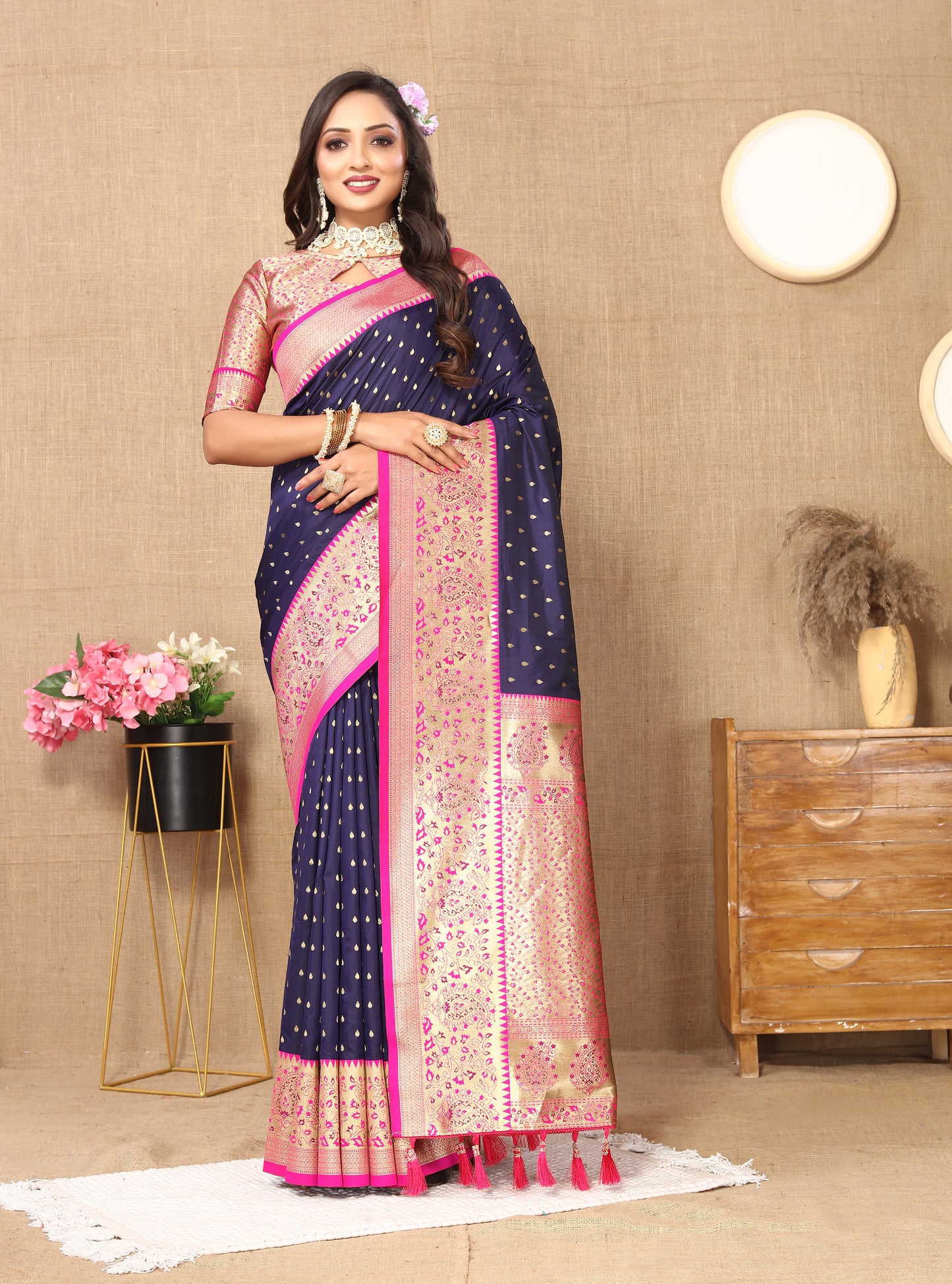 Blue Soft Silk Zari Motifs Saree With Brocade Blouse Piece
