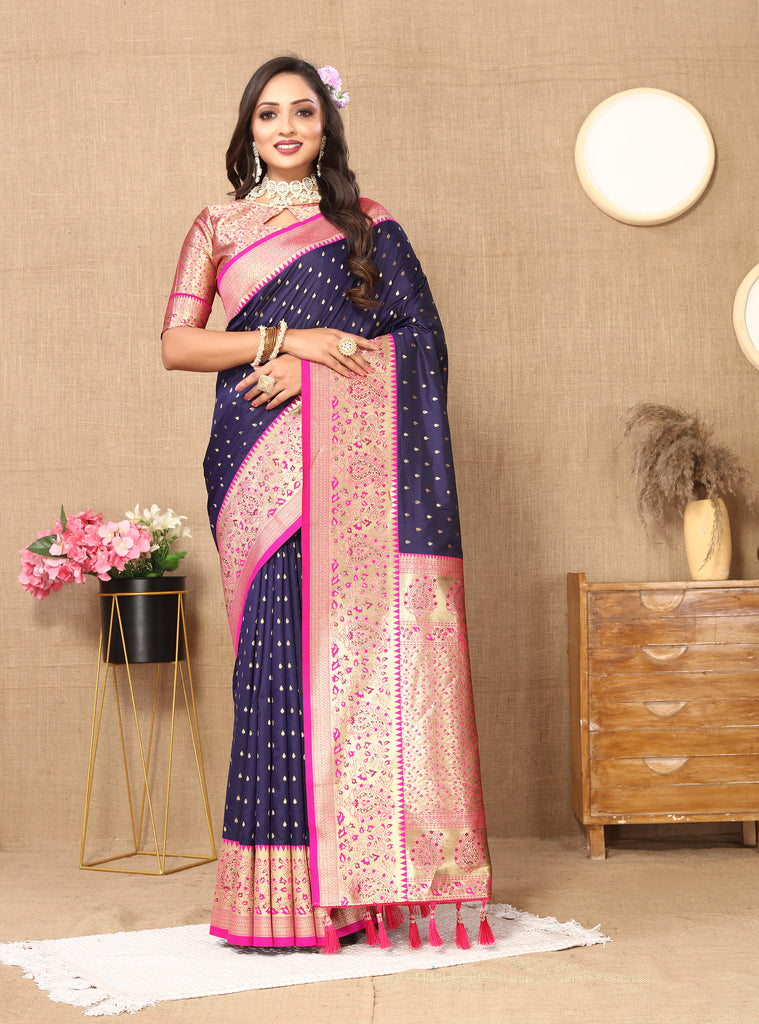 Blue Soft Silk Zari Motifs Saree With Brocade Blouse Piece