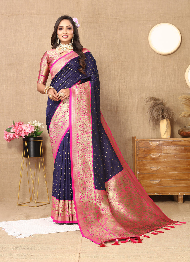 Blue Soft Silk Zari Motifs Saree With Brocade Blouse Piece