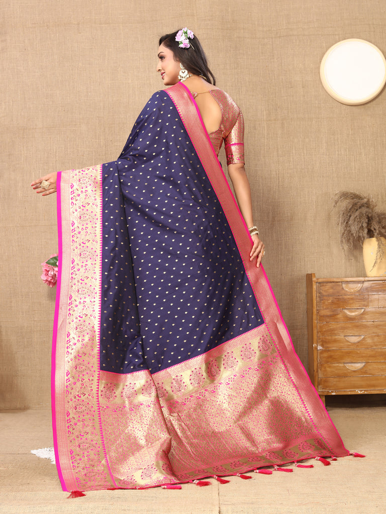 Blue Soft Silk Zari Motifs Saree With Brocade Blouse Piece