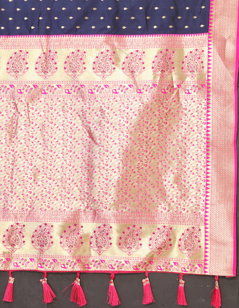 Blue Soft Silk Zari Motifs Saree With Brocade Blouse Piece