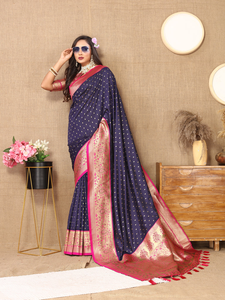 Blue Soft Silk Zari Motifs Saree With Brocade Blouse Piece