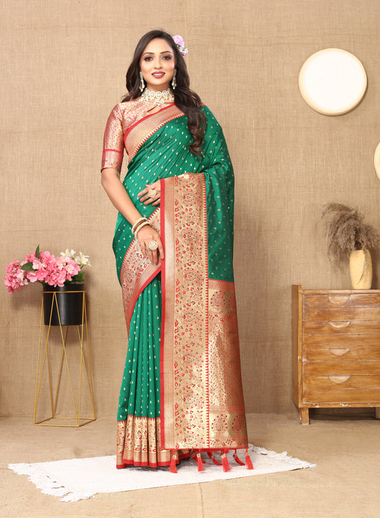 Green Soft Silk Zari Motifs Saree With Brocade Blouse Piece