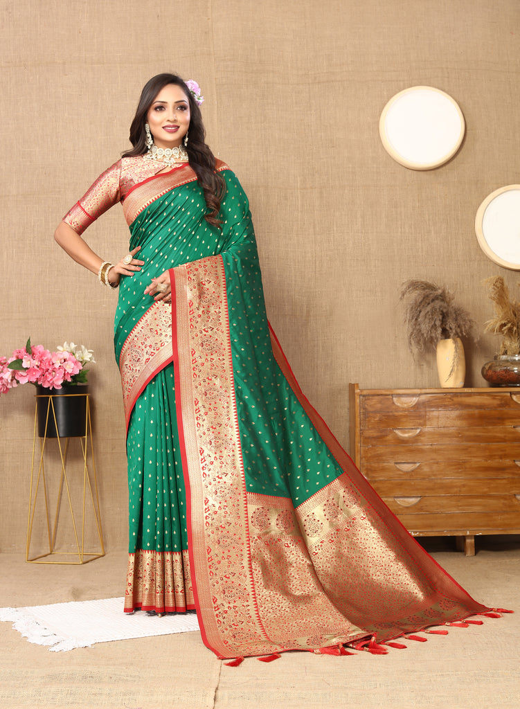 Green Soft Silk Zari Motifs Saree With Brocade Blouse Piece