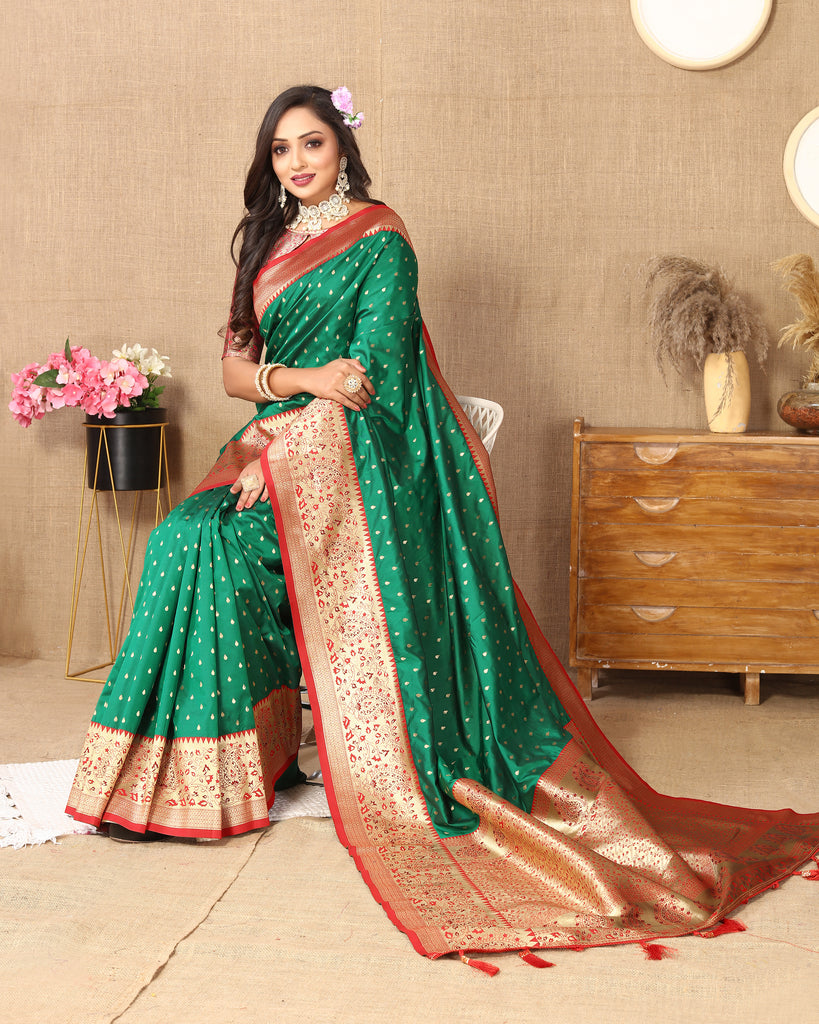 Green Soft Silk Zari Motifs Saree With Brocade Blouse Piece