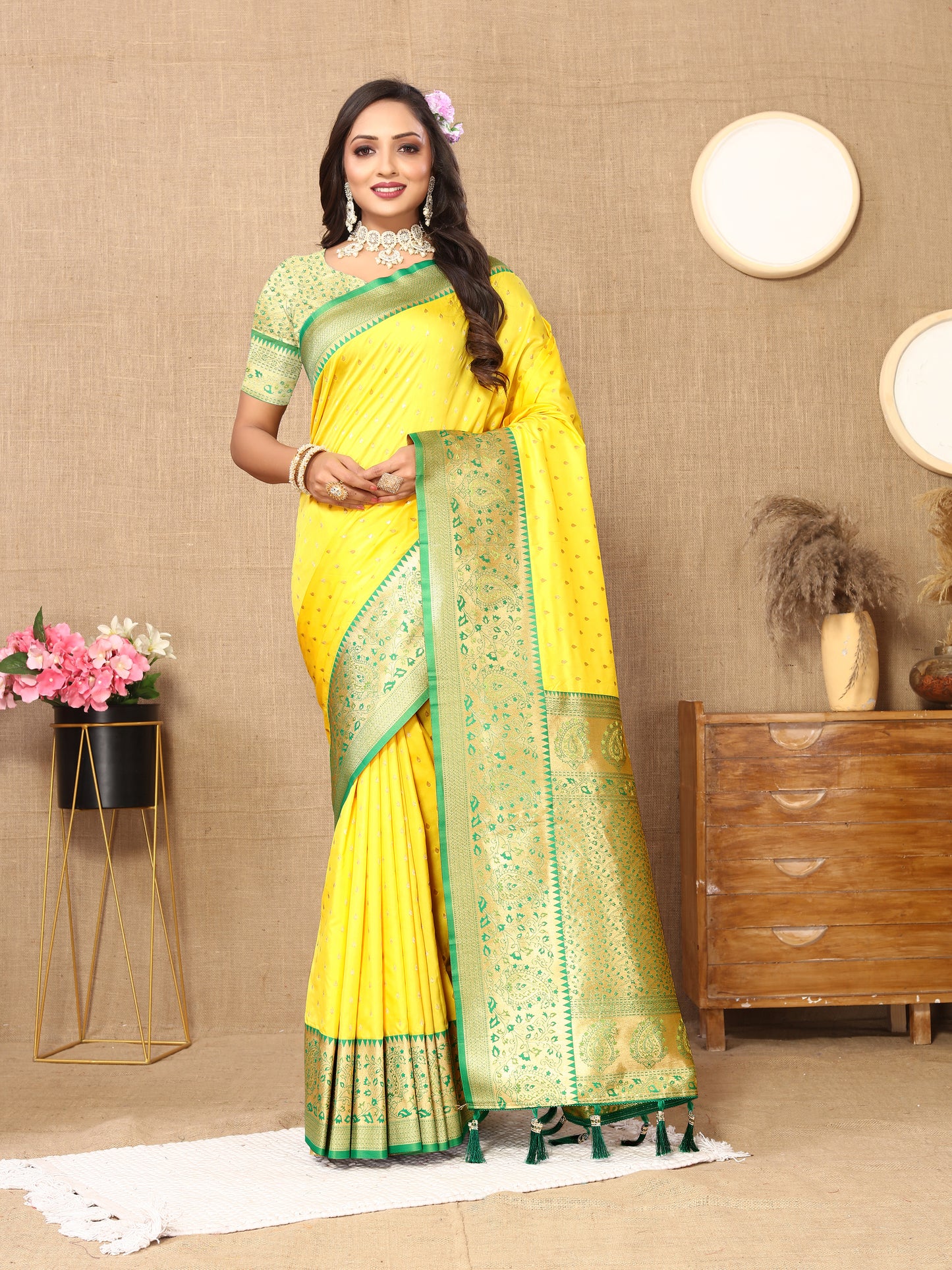 Yellow Soft Silk Zari Motifs Saree With Brocade Blouse Piece