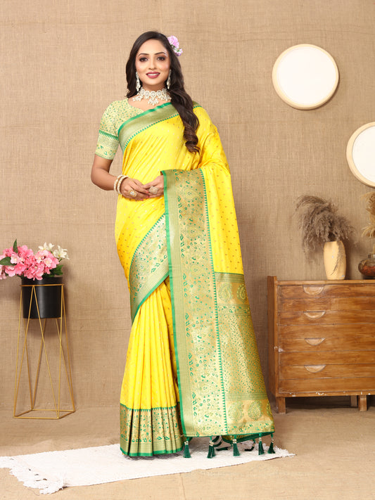 Yellow Soft Silk Zari Motifs Saree With Brocade Blouse Piece