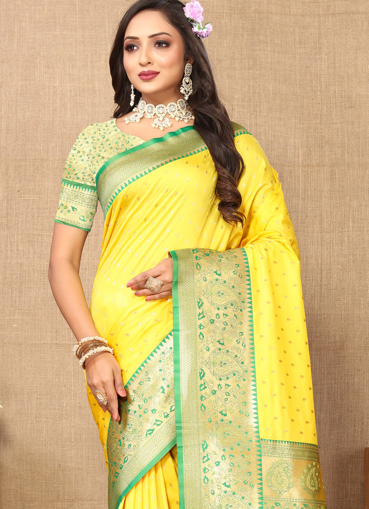 Yellow Soft Silk Zari Motifs Saree With Brocade Blouse Piece