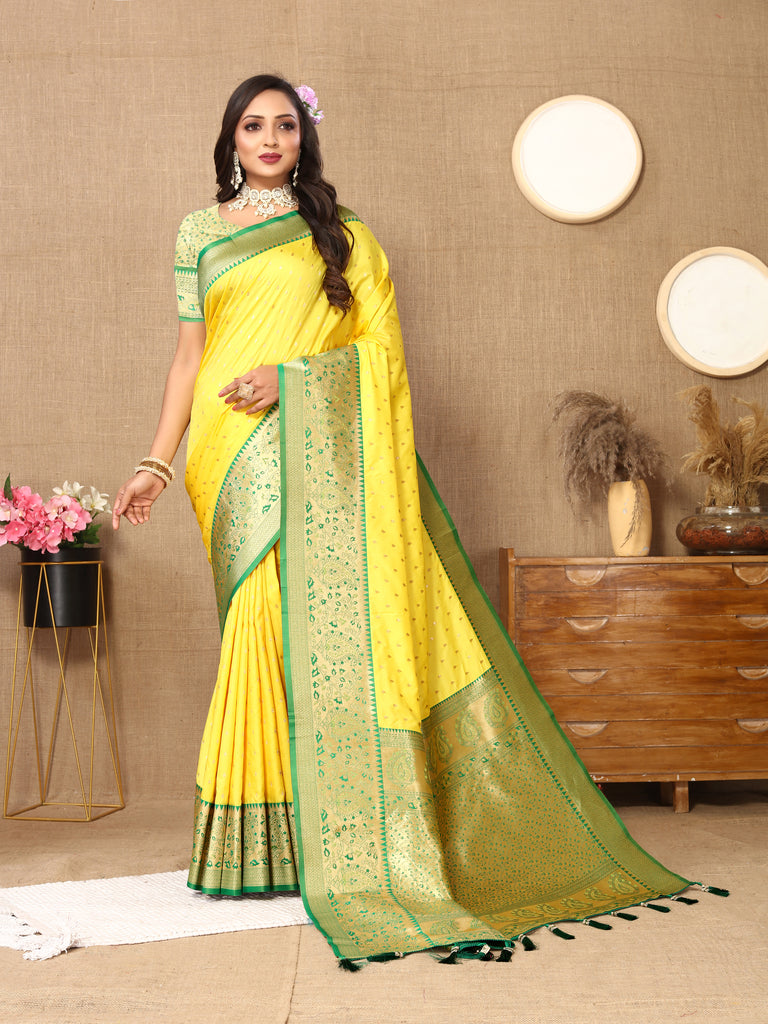 Yellow Soft Silk Zari Motifs Saree With Brocade Blouse Piece