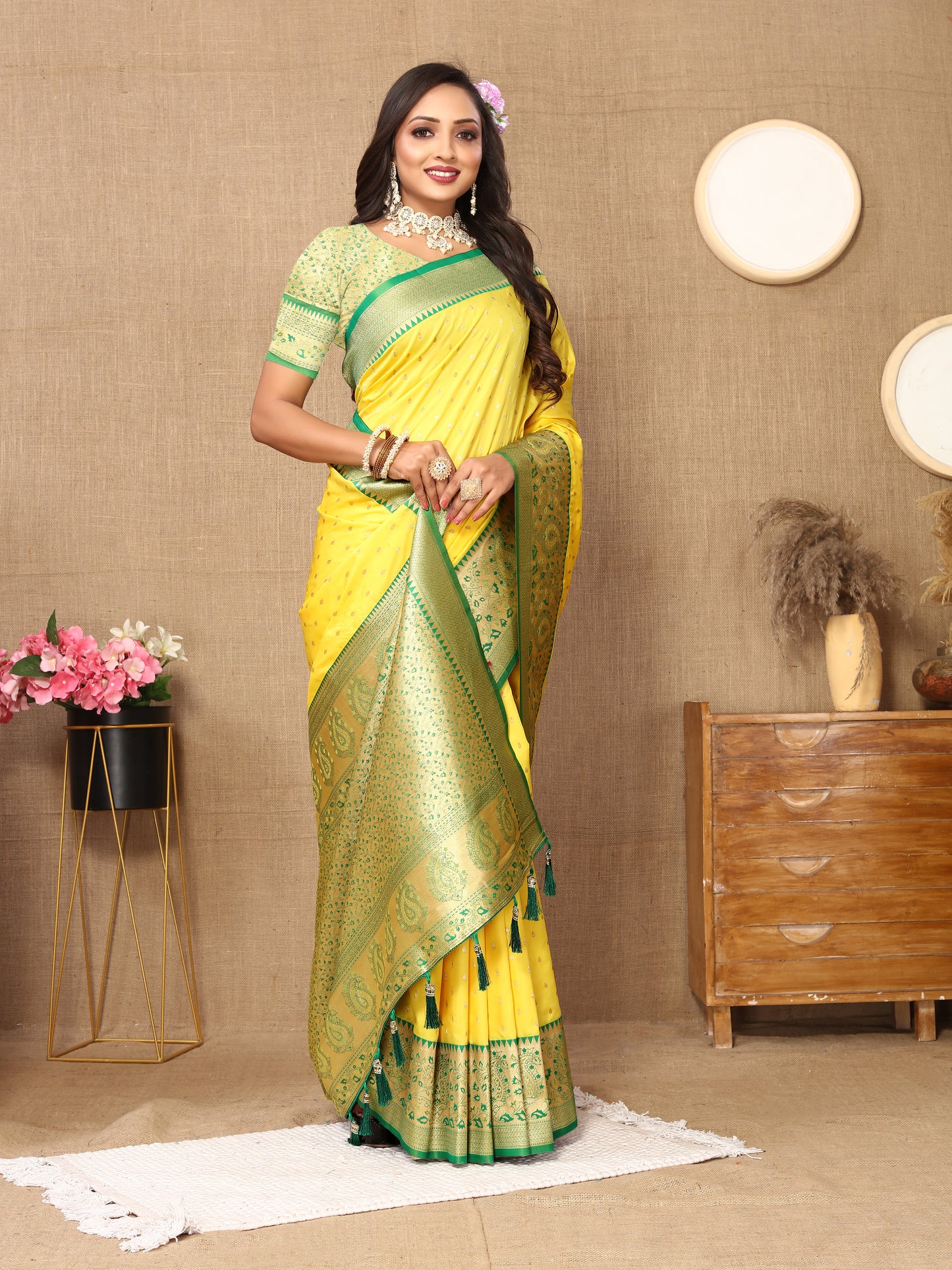 Yellow Soft Silk Zari Motifs Saree With Brocade Blouse Piece