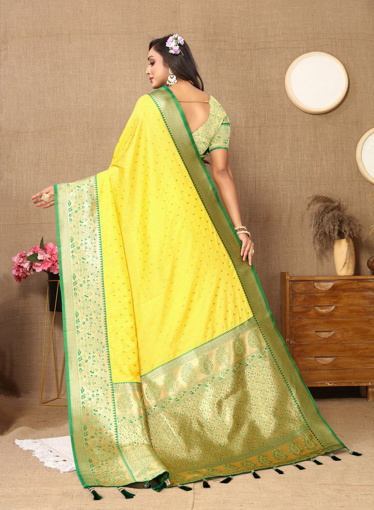 Yellow Soft Silk Zari Motifs Saree With Brocade Blouse Piece