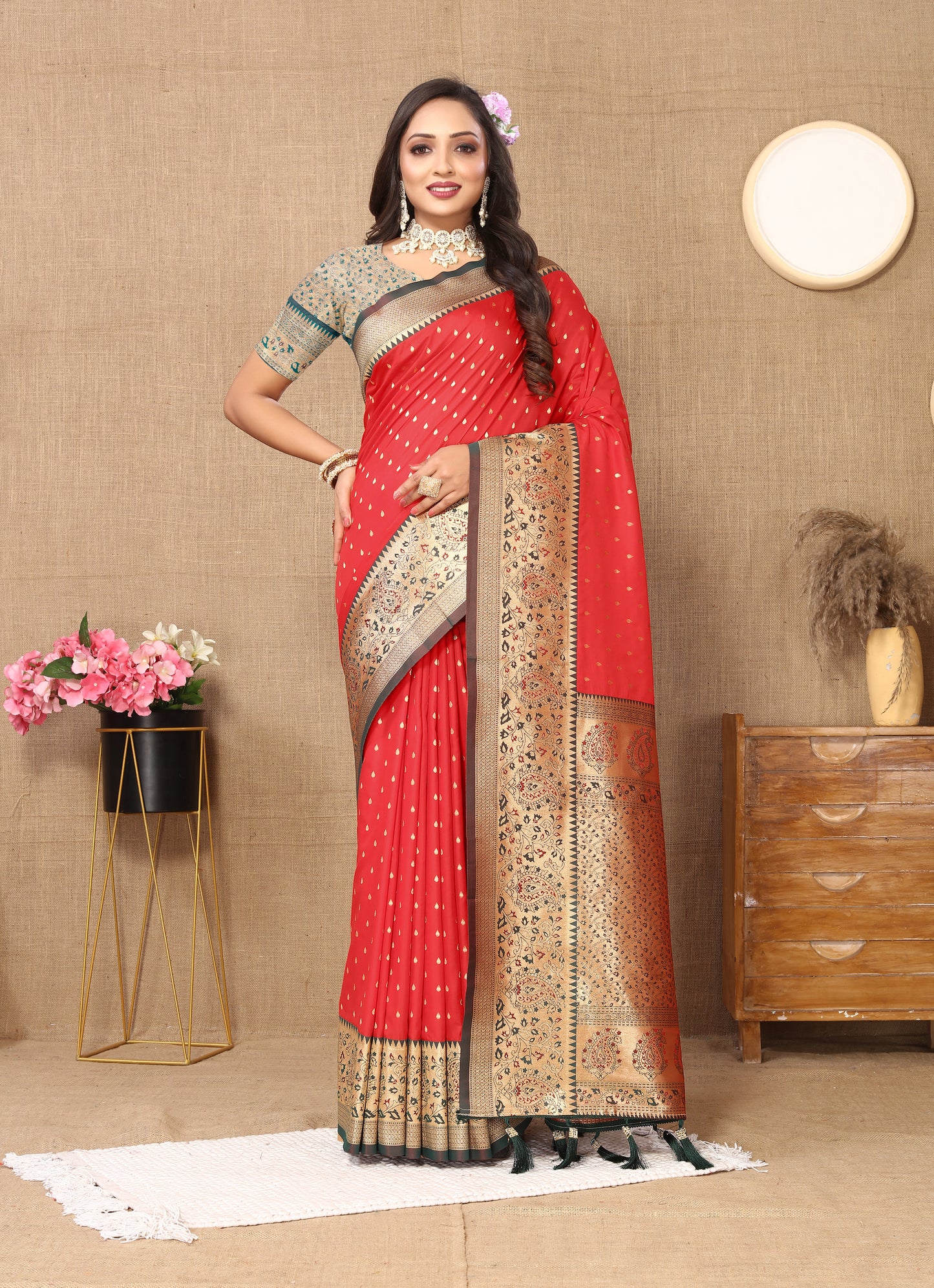 Red Soft Silk Zari Motifs Saree With Brocade Blouse Piece