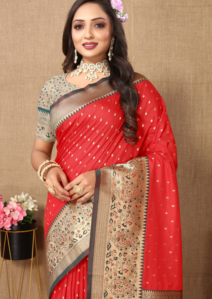 Red Soft Silk Zari Motifs Saree With Brocade Blouse Piece