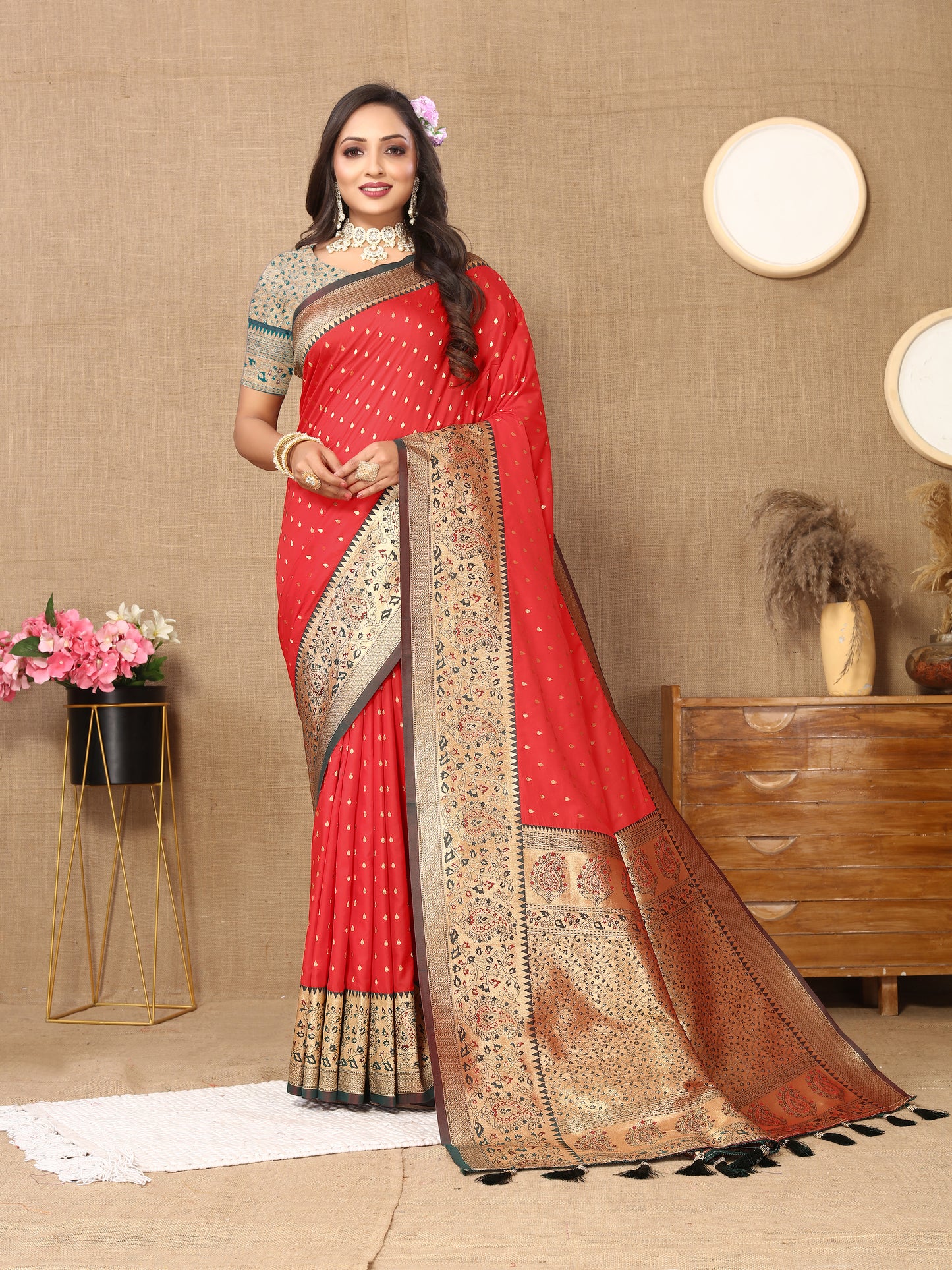 Red Soft Silk Zari Motifs Saree With Brocade Blouse Piece