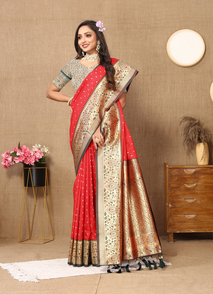 Red Soft Silk Zari Motifs Saree With Brocade Blouse Piece