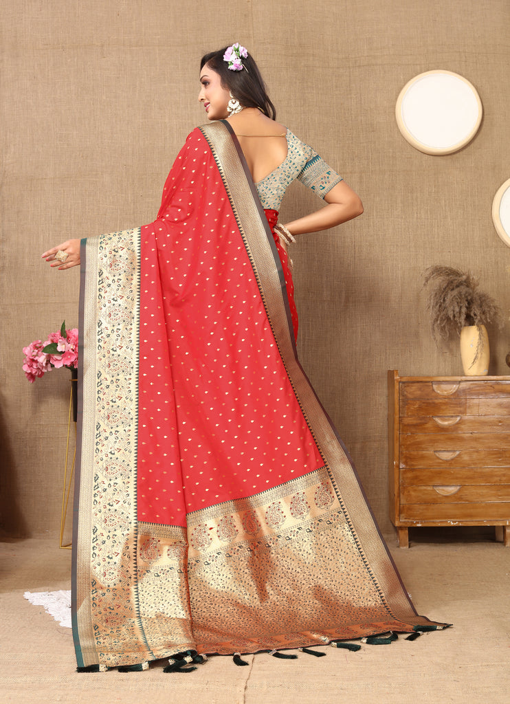 Red Soft Silk Zari Motifs Saree With Brocade Blouse Piece