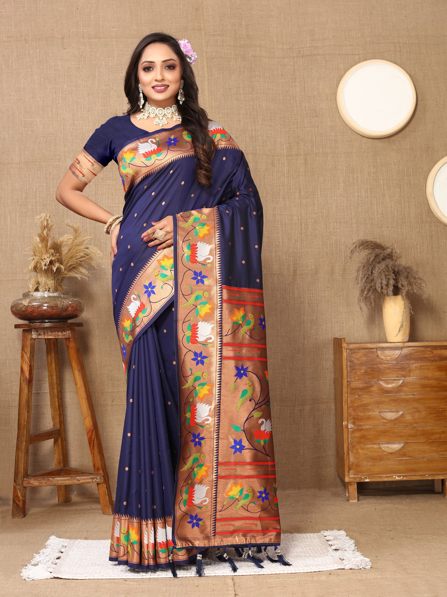 Navy Blue Traditional Rajhans Paithani Soft Silk Saree With Blouse Piece