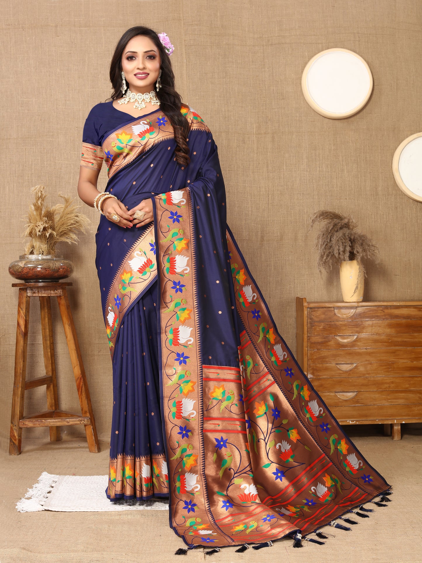 Navy Blue Traditional Rajhans Paithani Soft Silk Saree With Blouse Piece