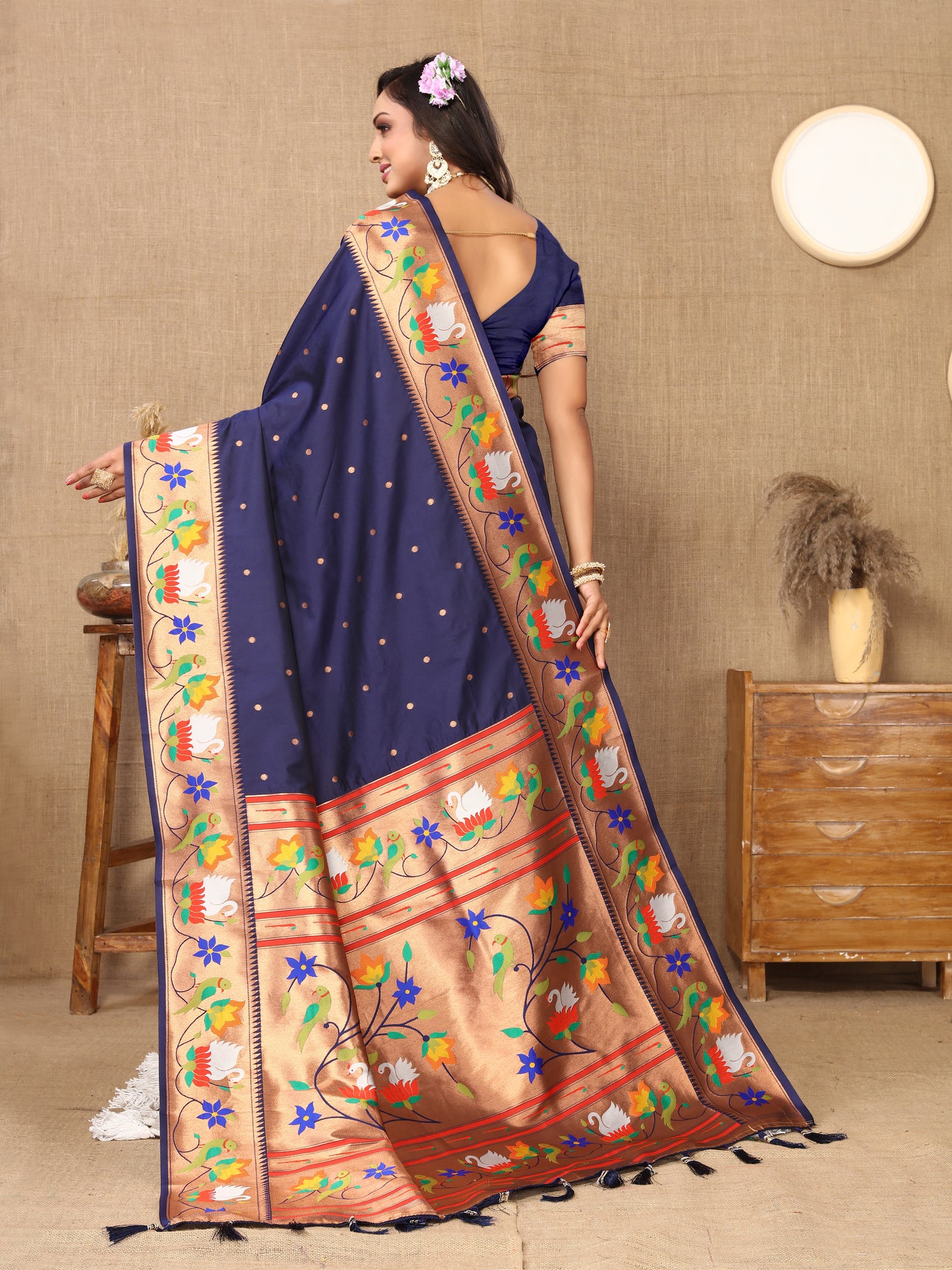 Navy Blue Traditional Rajhans Paithani Soft Silk Saree With Blouse Piece
