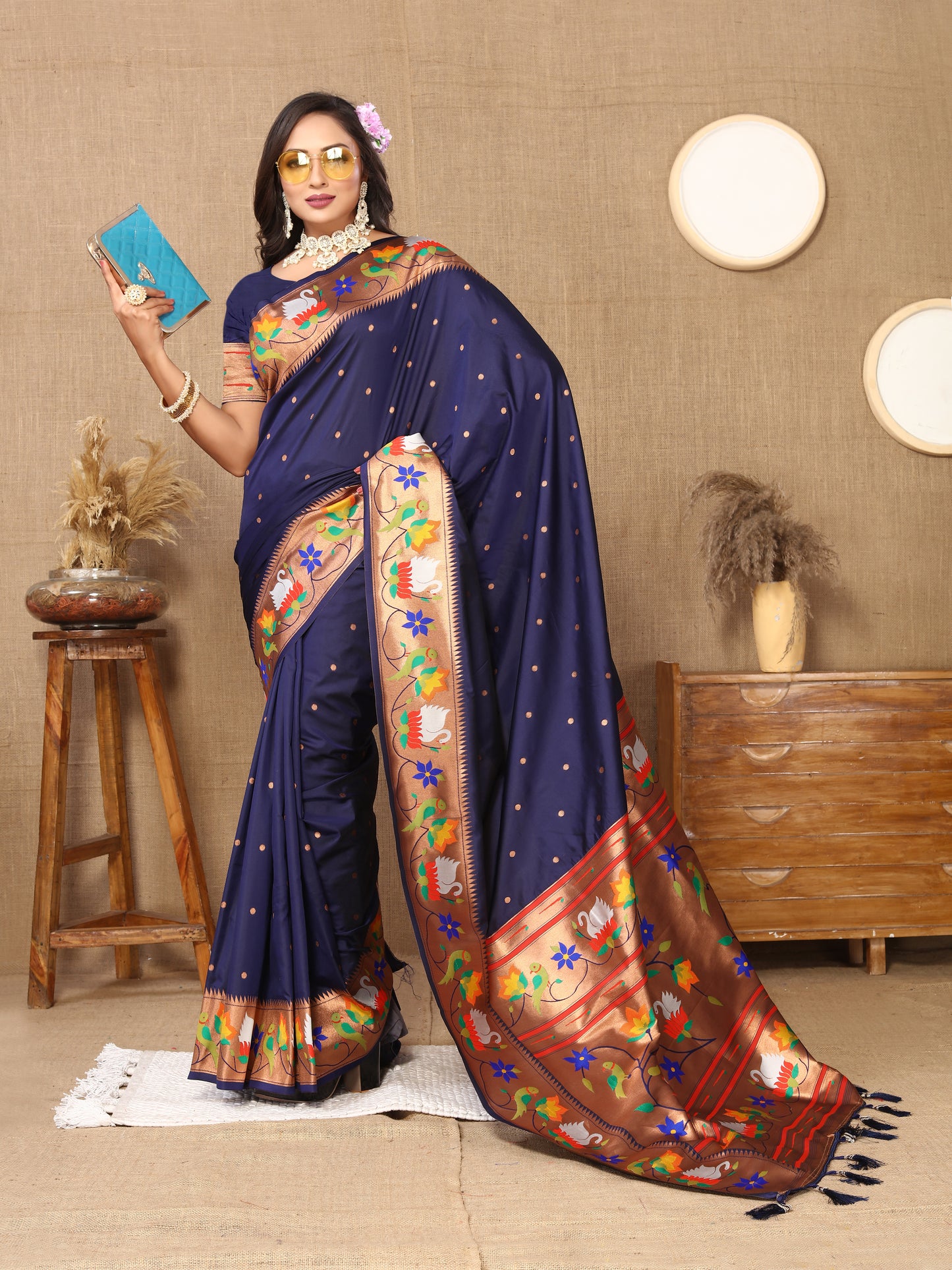 Navy Blue Traditional Rajhans Paithani Soft Silk Saree With Blouse Piece