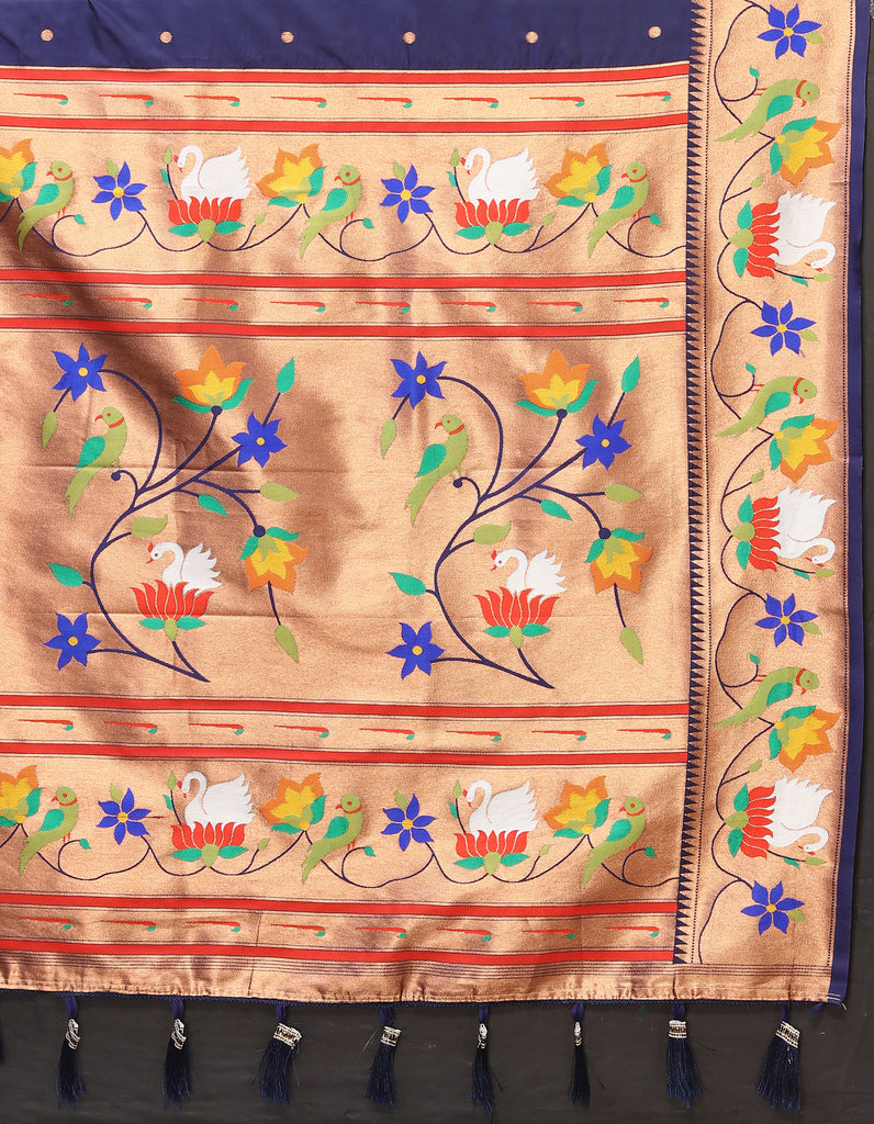 Navy Blue Traditional Rajhans Paithani Soft Silk Saree With Blouse Piece