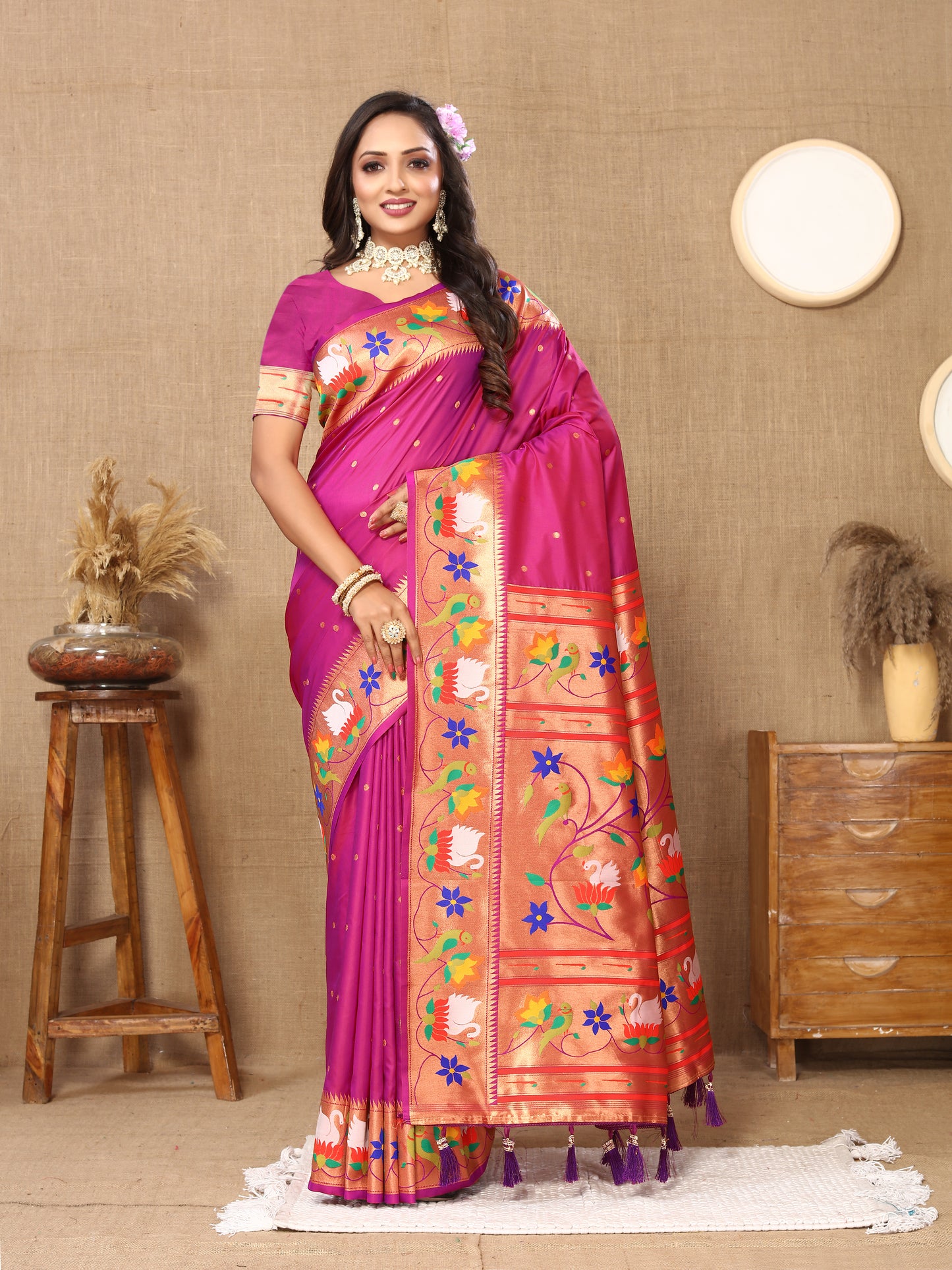 Pink Traditional Rajhans Paithani Soft Silk Saree With Blouse Piece