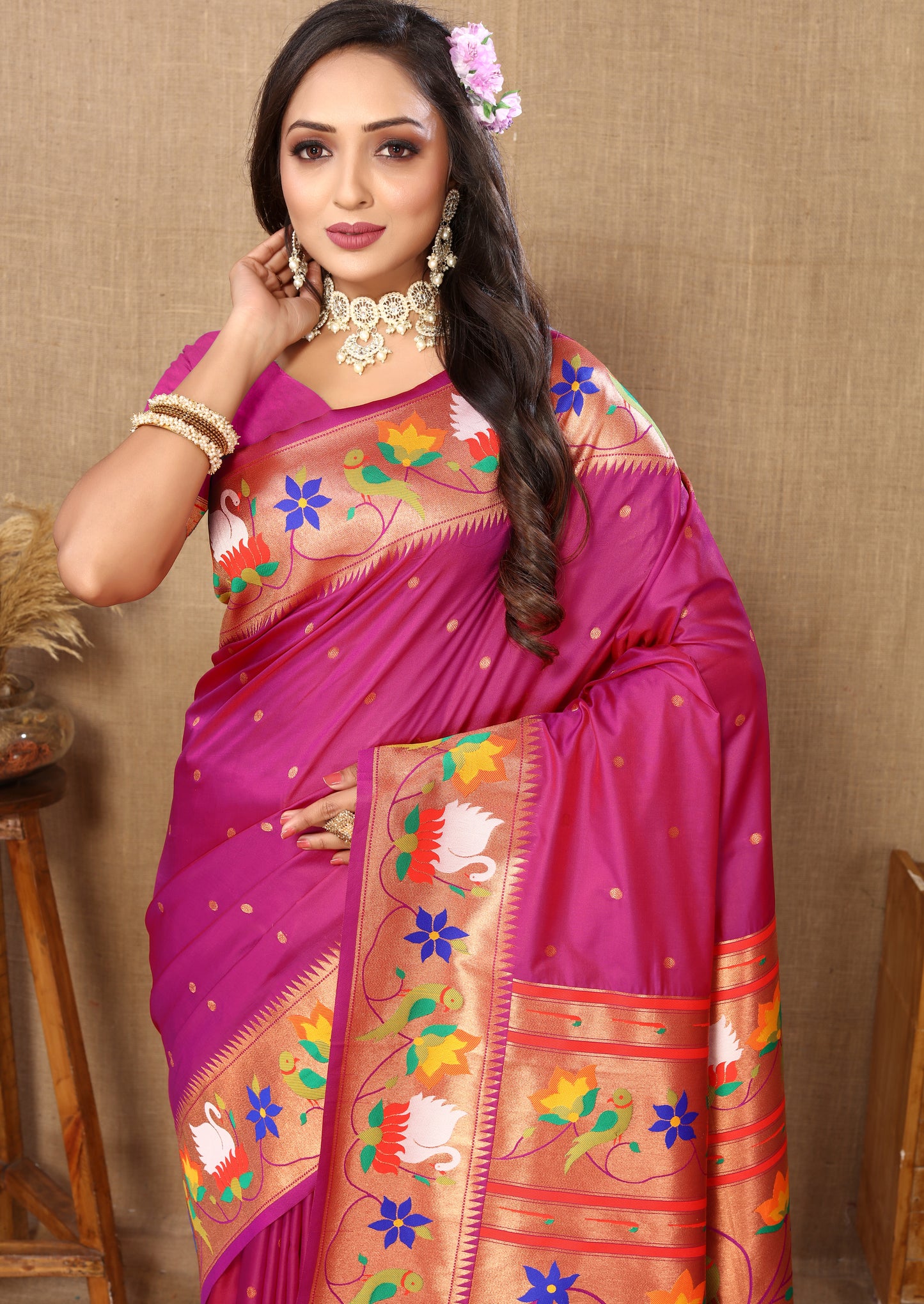 Pink Traditional Rajhans Paithani Soft Silk Saree With Blouse Piece
