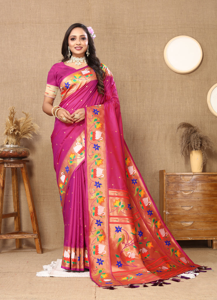 Pink Traditional Rajhans Paithani Soft Silk Saree With Blouse Piece