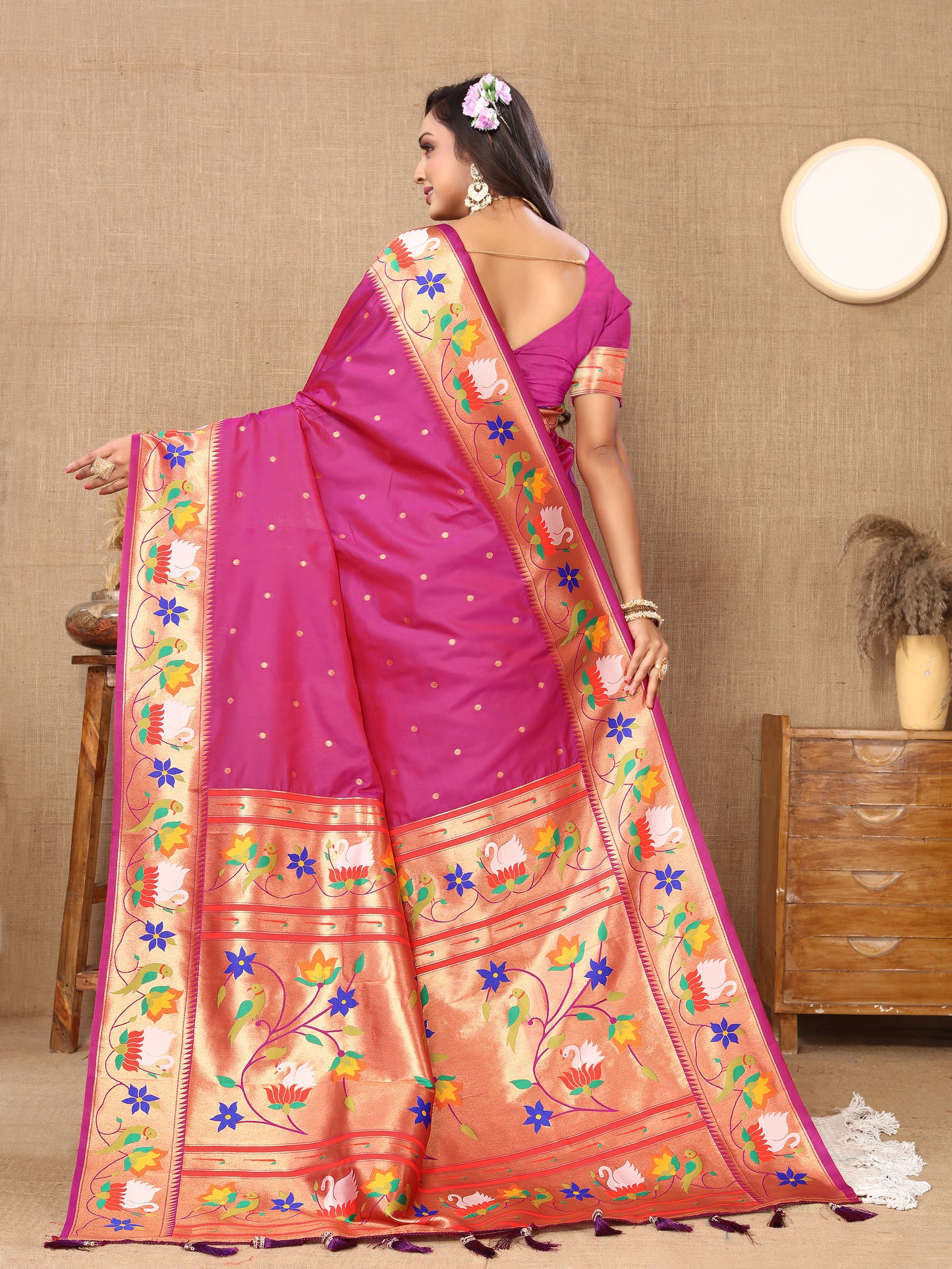 Pink Traditional Rajhans Paithani Soft Silk Saree With Blouse Piece