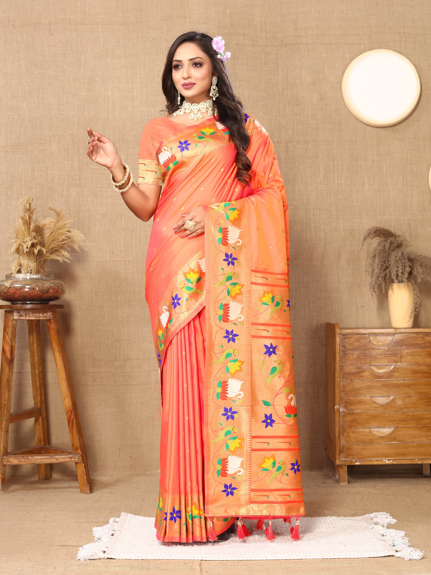 Orange Traditional Rajhans Paithani Soft Silk Saree With Blouse Piece