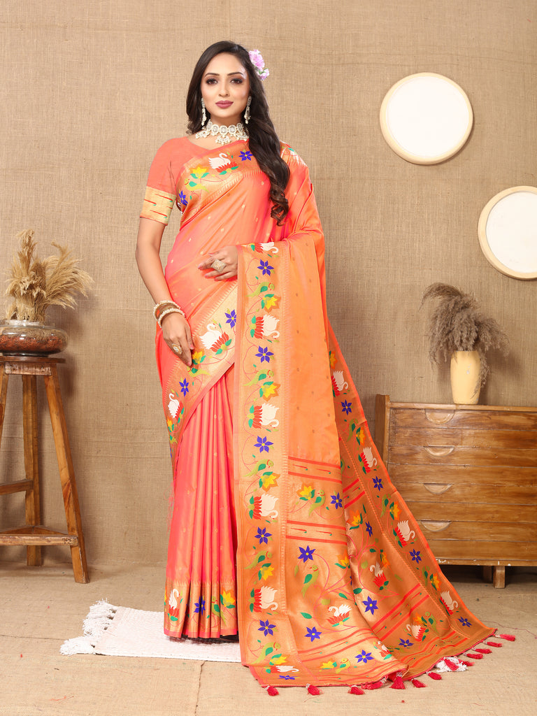 Orange Traditional Rajhans Paithani Soft Silk Saree With Blouse Piece