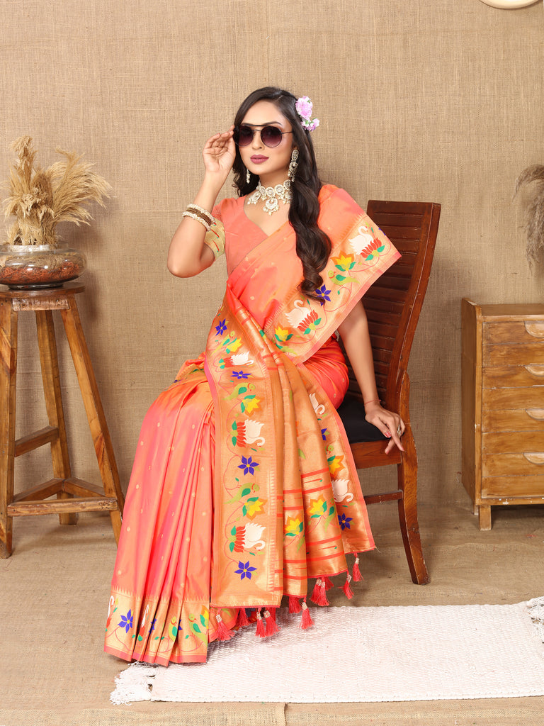 Orange Traditional Rajhans Paithani Soft Silk Saree With Blouse Piece