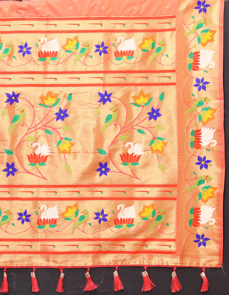 Orange Traditional Rajhans Paithani Soft Silk Saree With Blouse Piece