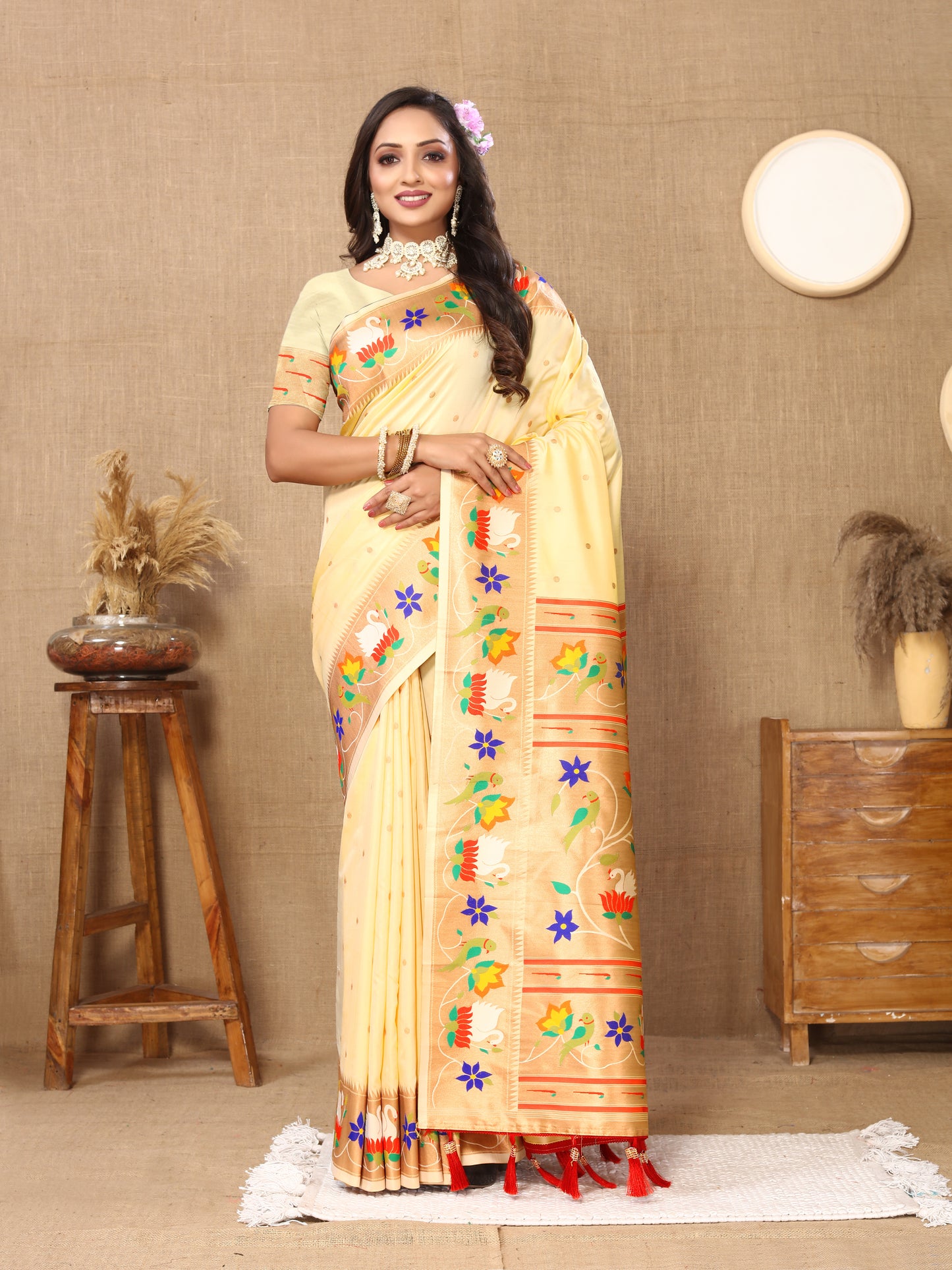 Cream Traditional Rajhans Paithani Soft Silk Saree With Blouse Piece
