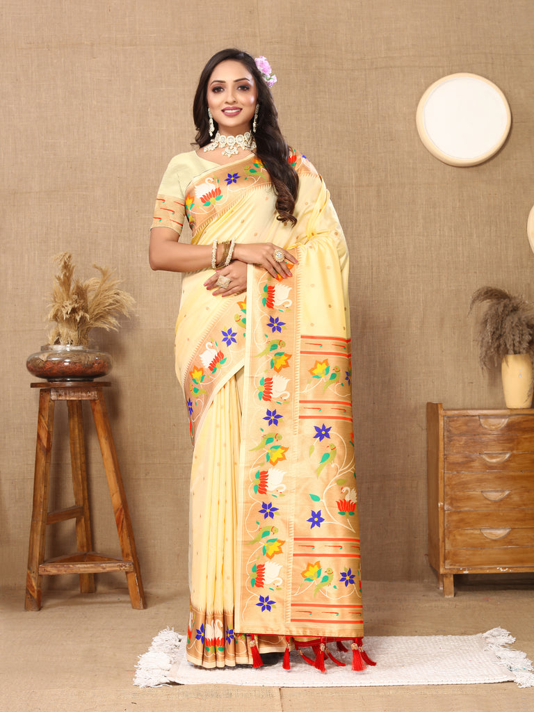 Cream Traditional Rajhans Paithani Soft Silk Saree With Blouse Piece